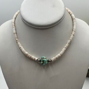 Vintage Turquoise Nugget and Shell Heishi Bead Choker Necklace 15"